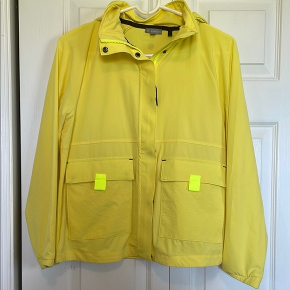 Women’s SP T by Talbots zip up hooded jacket windbreaker Bright Yellow pockets - Picture 1 of 12